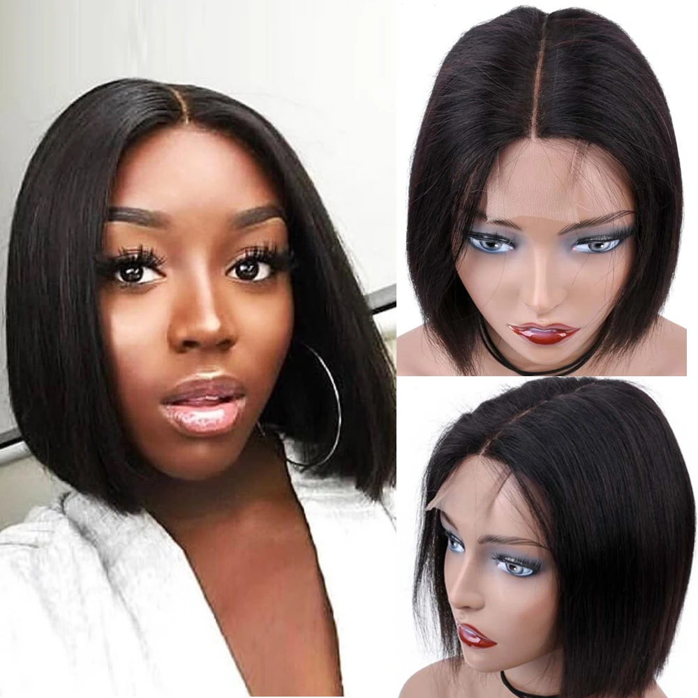 BeauHair Малайзия короткий парик из человеческих волос 4*4 средняя часть не Реми волосы боб парики предварительно сорвал отбеленные узлы для женщин