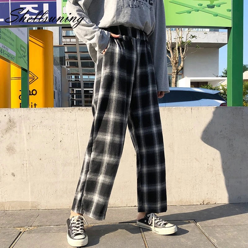 Shellsuning Harajuku широкие брюки в клетку с высокой талией свободные бархатные Зимние