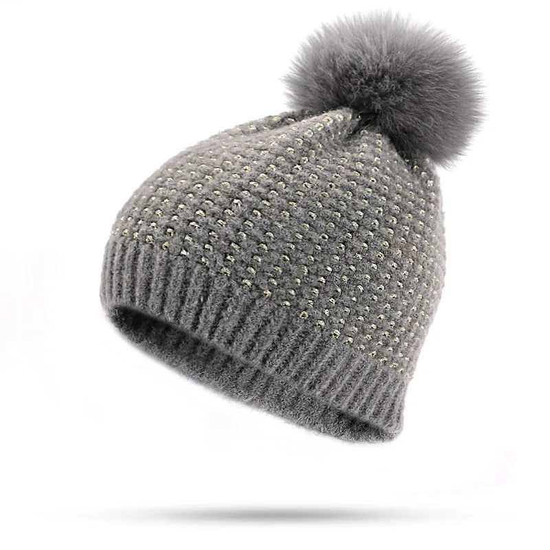 Skullies зимняя шапка Роскошное Качество помпон из лисьего меха шапки Золотая проволока шапочка высокого качества для девочек женские зимние шапки для женщин - Цвет: B