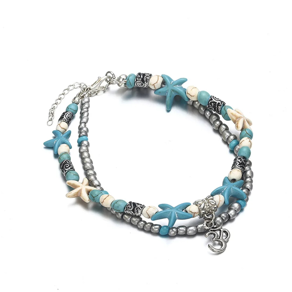 Cross Border Hot Selling Double Layer Europe And America Anklet Retro Starfish Bead Tortoise Shell Star Elephant Pendant Foot Or