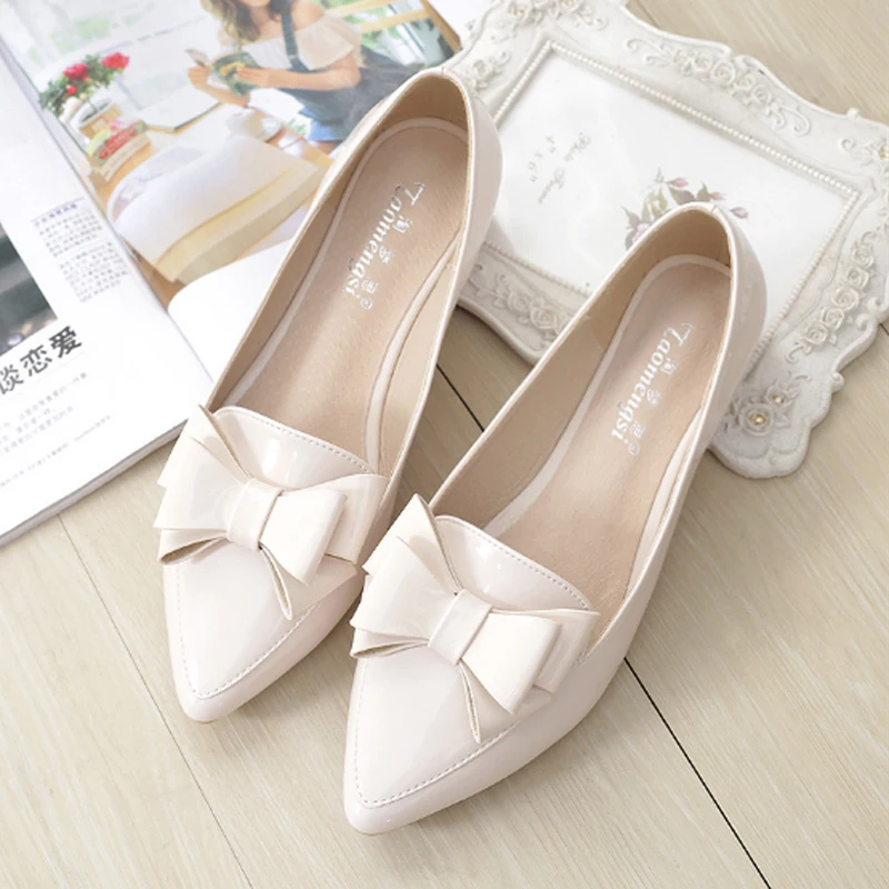 

Woman Shoes Bow Knot Slip on Loafers Pointed Toe Flats Slides Patent Leather Shallow Sandals Big Size Black Apricot Pink Purple