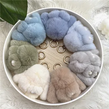 

Cute Bunny Natural Rex Rabbit Fur Keychain Genuine Keychain for Girls Handbag Charm Fluffy Pom Pom Car Key Rings Anime Keychain