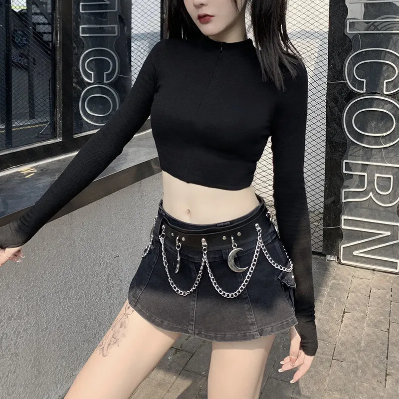 Goth Style Women's Black Top Long-sleeved V-neck Zipper Slim Short T-shirt Sexy Female Bottoming Shirt Harajuku Street Wear