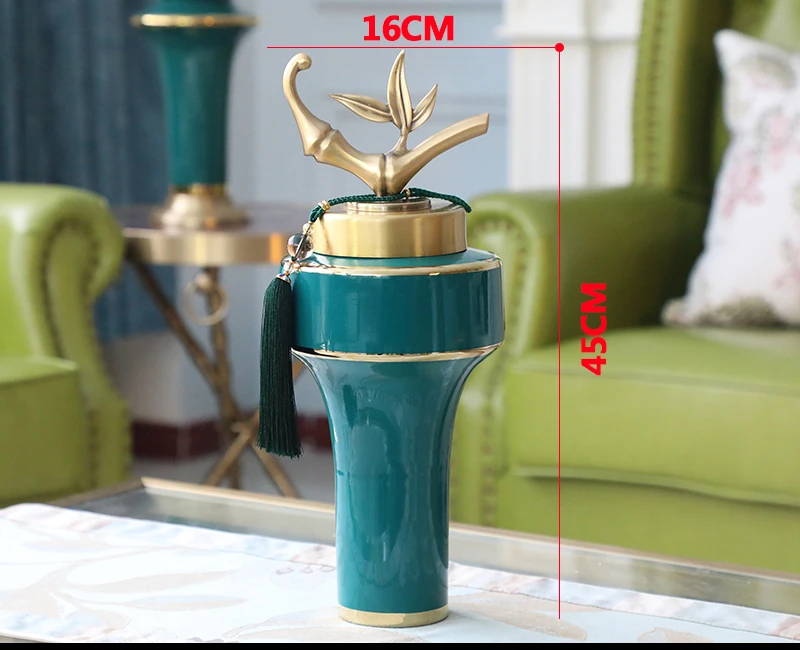 45cm Китайская керамическая коробка для зеленого чая, фарфоровые бутылки, банки для хранения, декоративная ваза с металлической медной крышкой из бамбукового листа - Цвет: 45cm