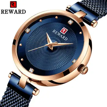 

REWARD Elegant Quartz Women Watches Fashion Ultra Thin Blue Ladies Watch Top Brand Luxury Rhinestone Decoration Mesh Strap Clock