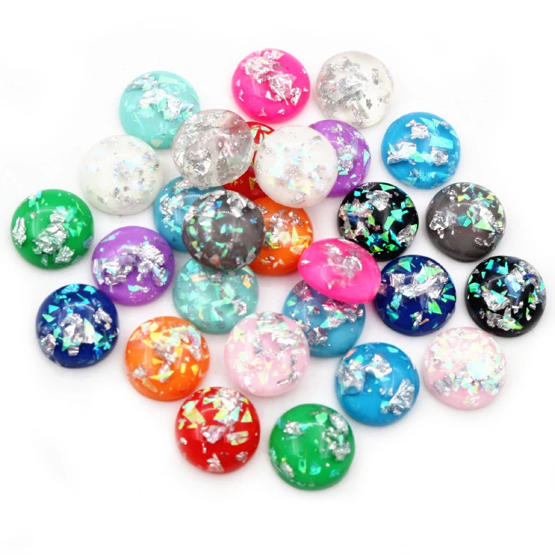 

Fashion New 40pcs 12mm Multi-Colors Built-in Silver Color Metal Foil Flat Back Resin Cabochons Cameo Dome DIY Jewelry Findings