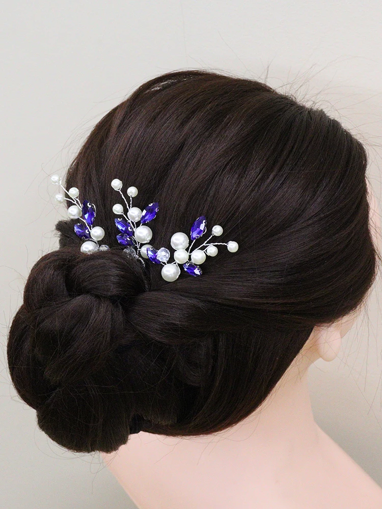 Bohe Blue Green Rhinestone Hair Pins 3PCS Women Headpieces Birde Headdress for Hair Clips Pearls Bridal Wedding Accessories