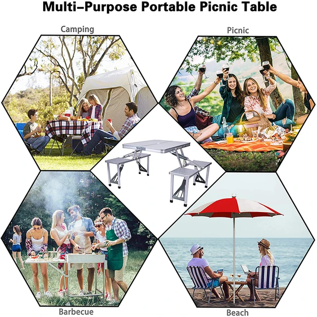 Portable Folding Aluminum Suitcase Table Chair Set Camping Picnic Table with 4 Seats Umbrella Hole for