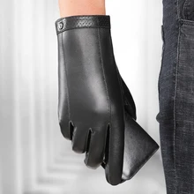 Men's Gloves Black Winter Mittens Warm Touch Screen Windproof Driving Guantes Male Goatskin Leather Gloves Business NR209