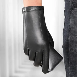 Men's Gloves Black Winter Mittens Warm Touch Screen Windproof Driving Guantes Male Goatskin Leather Gloves Business NR209
