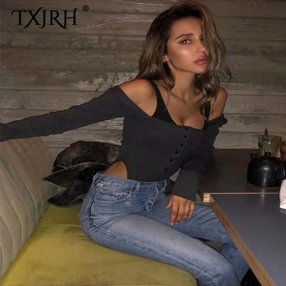 TXJRH сексуальный трикотажный с открытыми плечами Slash шеи эластичный комбинезон боди для тела сиамские облегающие длинные рукава обтягивающие костюмы 3 цвета