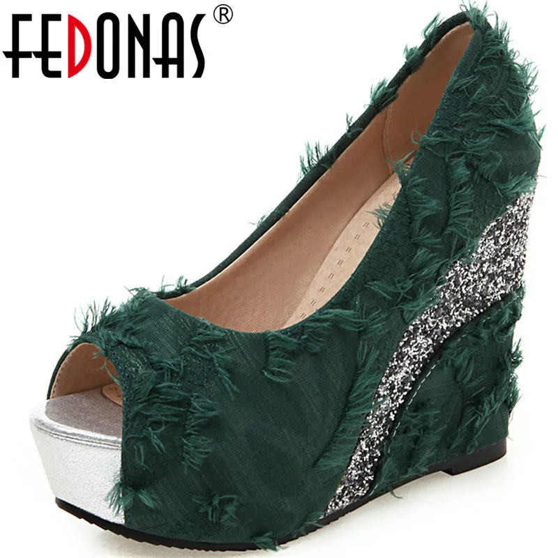 

FEDONAS Women Pumps Cloth Glitters Bling Bling Classic Design Fish Mouth High Heeled Prom Shoes Spring Summer Shoes Woman