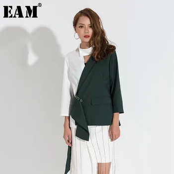 

[EAM] Loose Fit Green Contrast Color Asymmetrical Jacket New Lapel Long Sleeve Women Coat Fashion Tide Spring Autumn 2020 JA4240