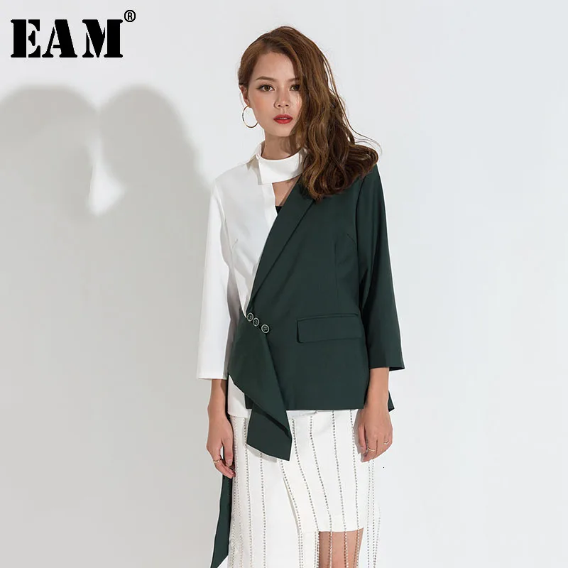 

[EAM] Loose Fit Green Contrast Color Asymmetrical Jacket New Lapel Long Sleeve Women Coat Fashion Tide Autumn Winter 2019 JA4240