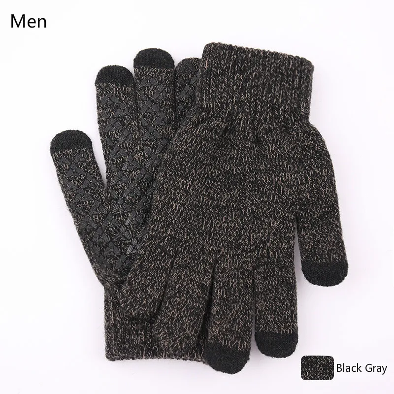 Black Gray Men Зима-осень, мужские вязаные перчатки с сенсорным экраном, женские утолщенные теплые шерстяные кашемировые однотонные перчатки, мужские перчатки, деловые перчатки G019 - Цвет: Black Gray Men