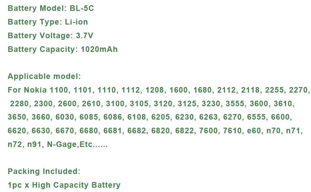 BL-5C 1020mah для Nokia 1112 1208 1600 n71 1100 1200 1650 2300 2310 2600 2610 3100 3120 3650 5130 6030 6600 6263 6230 Батарея