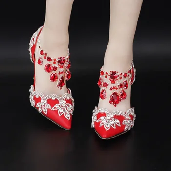 

Summer pointed rhinestone super high with red wedding shoes hollow bridal shoes crystal fringed wristband white female sandals