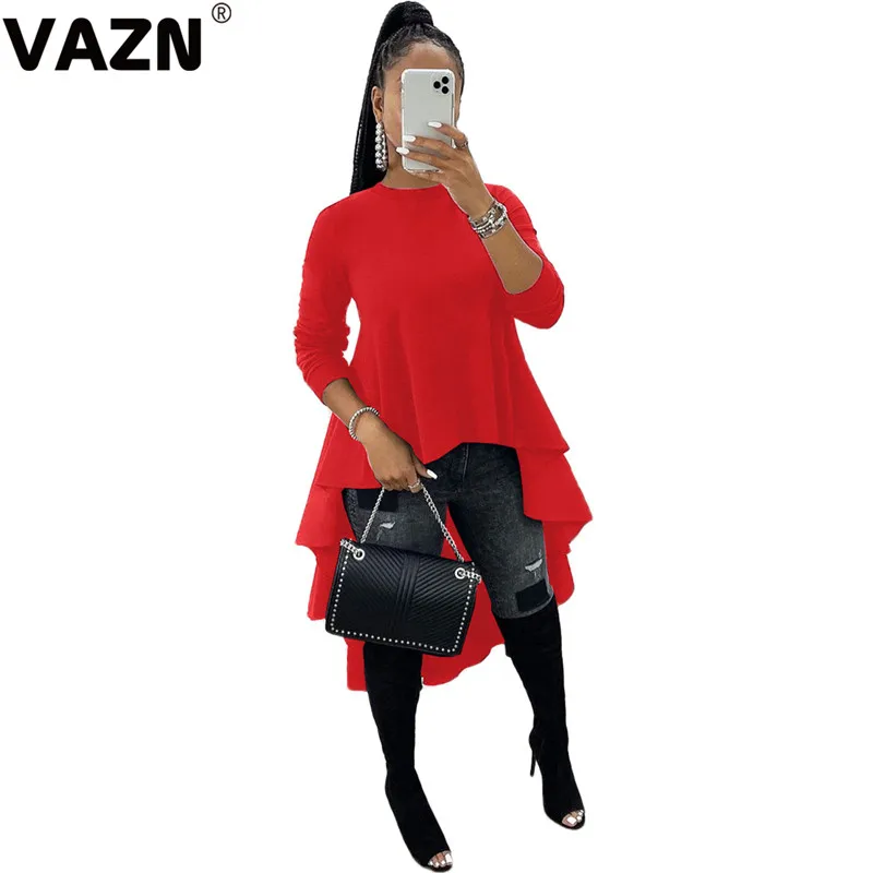 VAZN, хит, асимметричная плиссированная однотонная Новинка, женская мода, элегантная, Повседневная Длинная футболка с круглым вырезом, полный рукав, женская футболка
