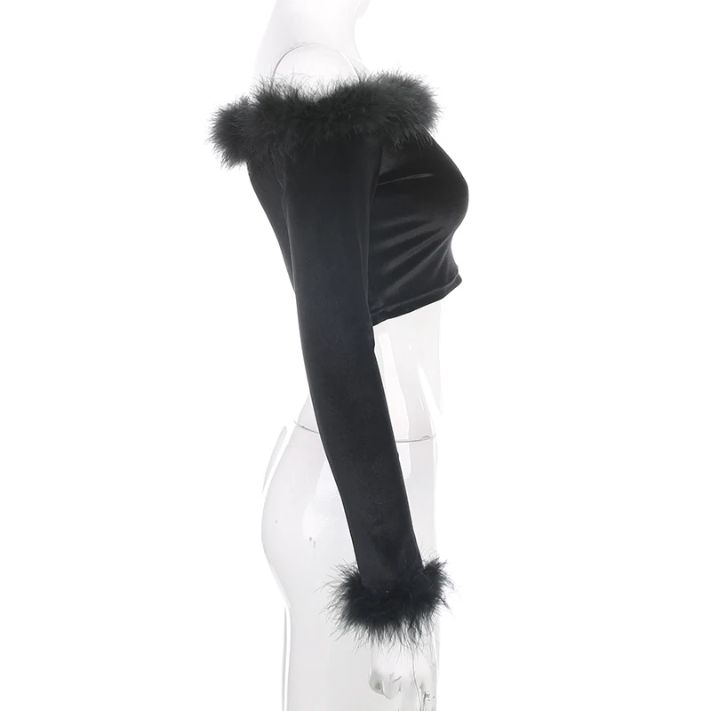 Waatfaak, Зимняя Сексуальная пушистая бархатная юбка, комплект из двух частей, женская футболка с открытыми плечами, длинный рукав, черная, высокая талия, юбка-трапеция