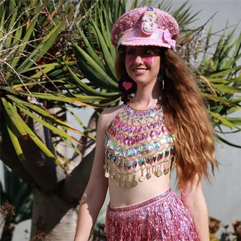 

Crystal Metal Chain Crop Top 2020 Sparkly Sexy Gem Sequins Hollow Out Halter Summer Beach Party Top Carnival music festival wear