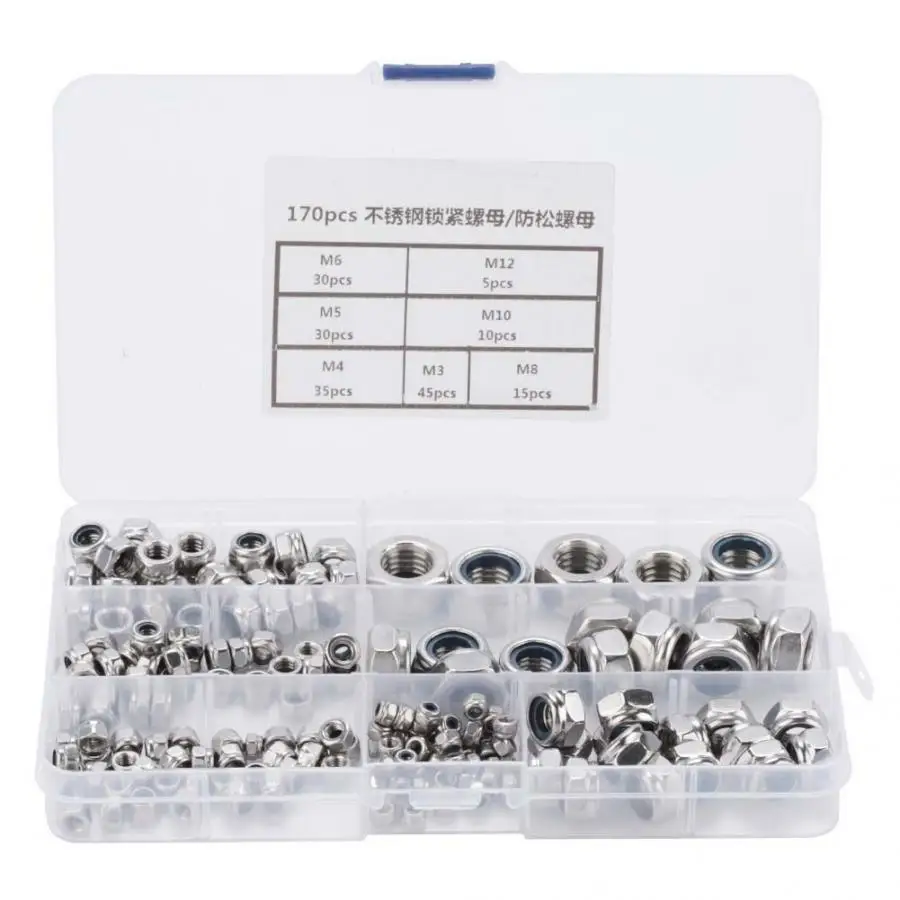 Самоблокирующийся шестигранный гаечный крепежный замок Nuts170pcs/коробка из нержавеющей стали