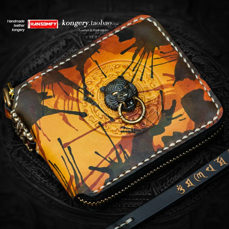 

Retro Genuine leather Men's wallet short zipper first layer cowhide tiger head men card holder coin purses painted small wallets