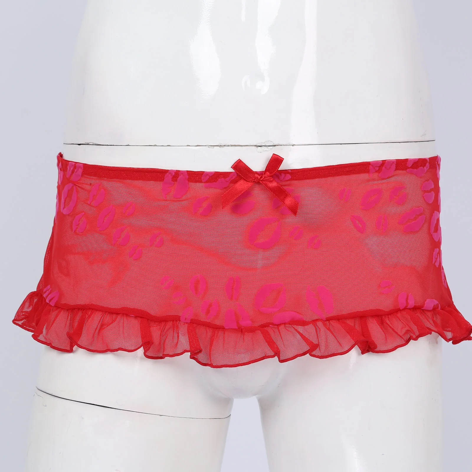 Mens Erotic Lingerie Sissy Underwear See-through Mesh Skirt Briefs Lip/Dots/Plaid Pattern Underpants Nightwear Ruffles Miniskirt