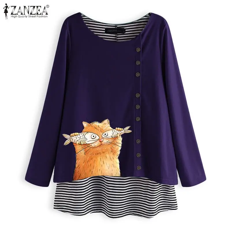 Топы, блузы, ZANZEA, женская блузка размера плюс, Женская Повседневная Свободная Лоскутная полосатая рубашка с принтом кота, туника с круглым вырезом, женская рубашка