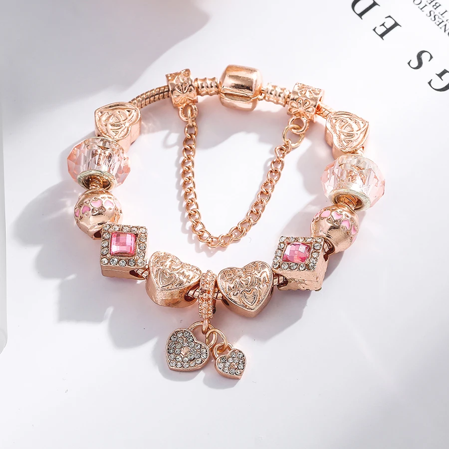 Seialoy Rose Gold Heart Charm Bracelets For Women Original Pink Crystal MOM Love Beaded Bracelet Bangle women Jewelry Gift | Украшения и