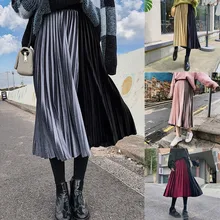 KLV/Для женщин юбка faldas mujer moda חצאיות Весна высокого с эластичной талией Золотая бархатная кружевная плиссированная юбка