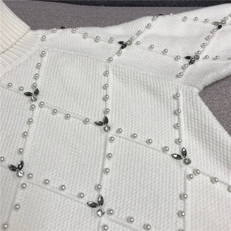 Роскошный дизайнерский брендовый вязаный свитер для женщин с высоким воротником ручной работы, расшитый бисером и бриллиантами, Свободный вязаный пуловер, свитер