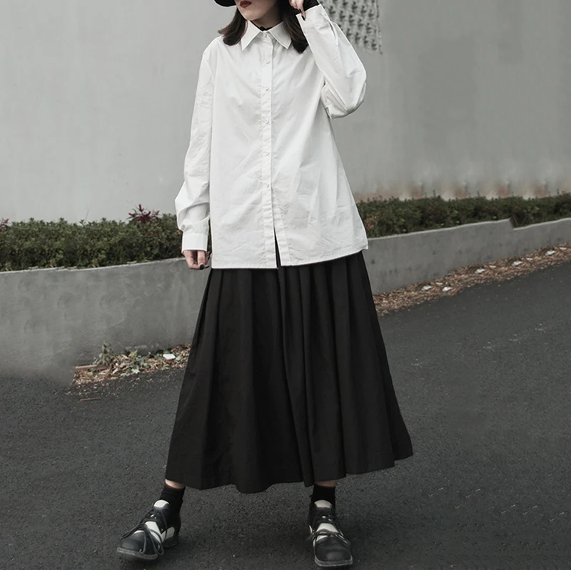 [EAM] Women White Cotton Temperament Blouse New Lapel Long Sleeve Loose Fit Shirt Fashion Tide Spring Autumn 1K492