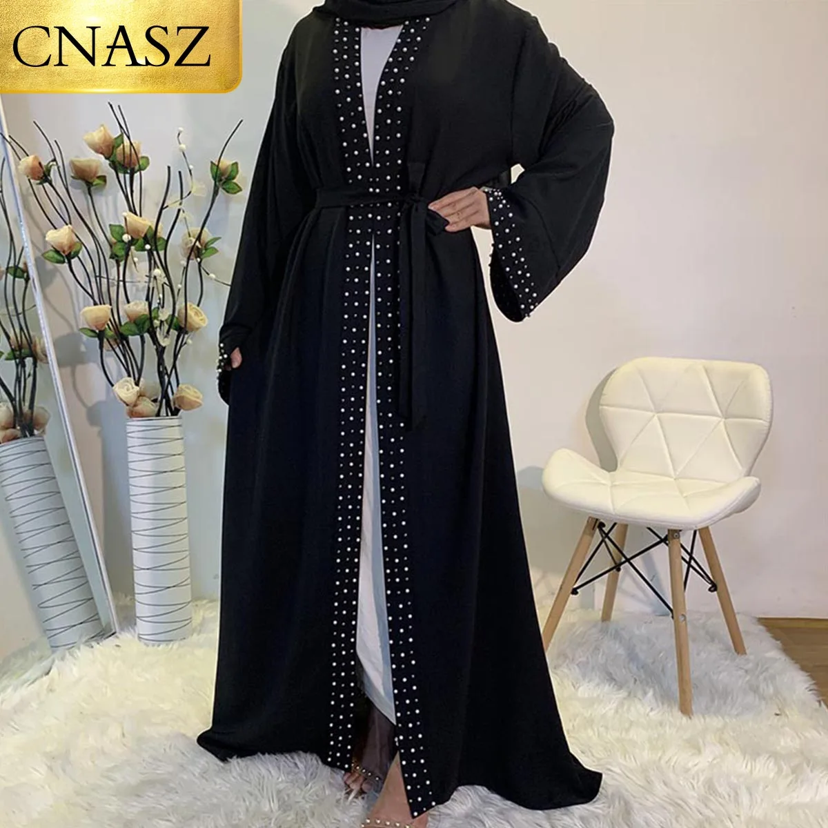 Jofemuho Womens Stylish Open Front Cardigans Rhinestone Muslim Abaya Dress