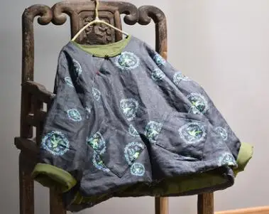 black gray Женские парки, плотные,, весна-осень, длинный рукав, лен, принт, хлопок, подкладка, Круглый ворот, Ретро стиль, свободные, повседневные, женские, теплые пуловеры - Цвет: black gray