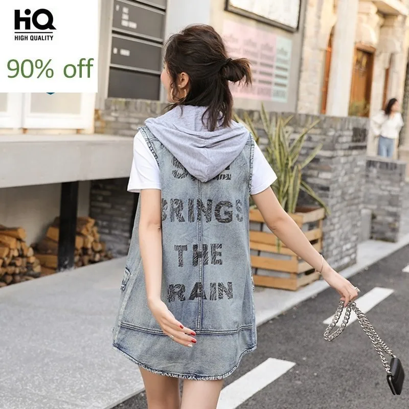 

2020 New Hooded Letter Pattern Denim Vest Coats Spring Summer Loose Sleeveless High Quality Waistcoats Women Streetwear Casual