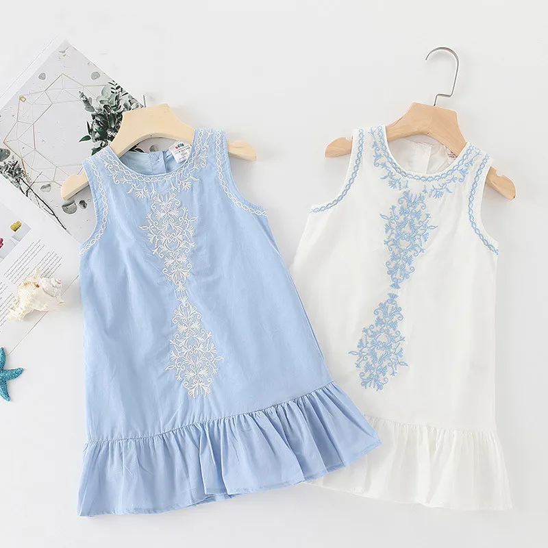 Brief Lace Embroidery Flower Floral Cotton Flounce Tank Sundress Sleeveless Kids Girls Dress 2 3 4 6 8 10 Years girls dress kids clothes