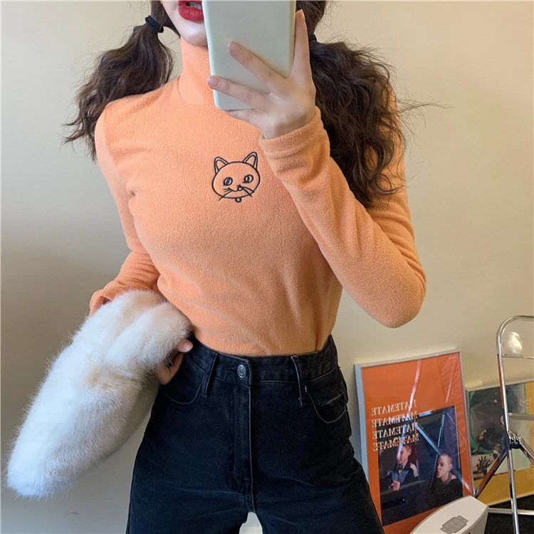 Флисовые футболки с вышитым котом, осенняя Водолазка с длинным рукавом, Harajuku Kawaii, женские теплые облегающие топы, уличная одежда W299