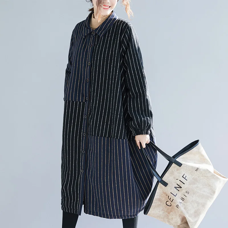 Johnature Autumn Winter Fashion All-match Stripe Pockets Single Breasted Coat New Loose Long Sleeve Women Coats