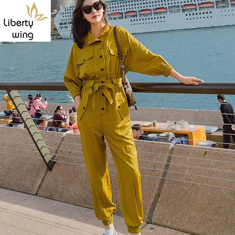 

Yellow Women Jumpsuit Fashion Boyfriend Loose Fit Ladies Rompers Long Sleeve Belted Jumpsuits Spring Romper Womens Overalls