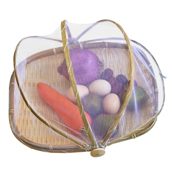 

Hand-Woven Rectangular Bamboo Food Serving Tent Basket Tray Mesh Storage Container With Gauze Cover