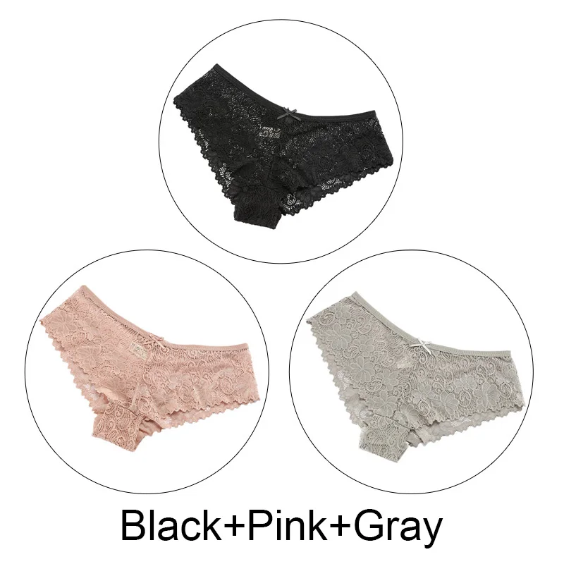 3 шт./партия, цветочные сексуальные трусики для женщин, нижнее белье, Ажурные кружевные трусы с бантом, низкая посадка, прозрачное женское белье, 3Xl, большие размеры - Цвет: Black Pink Gray