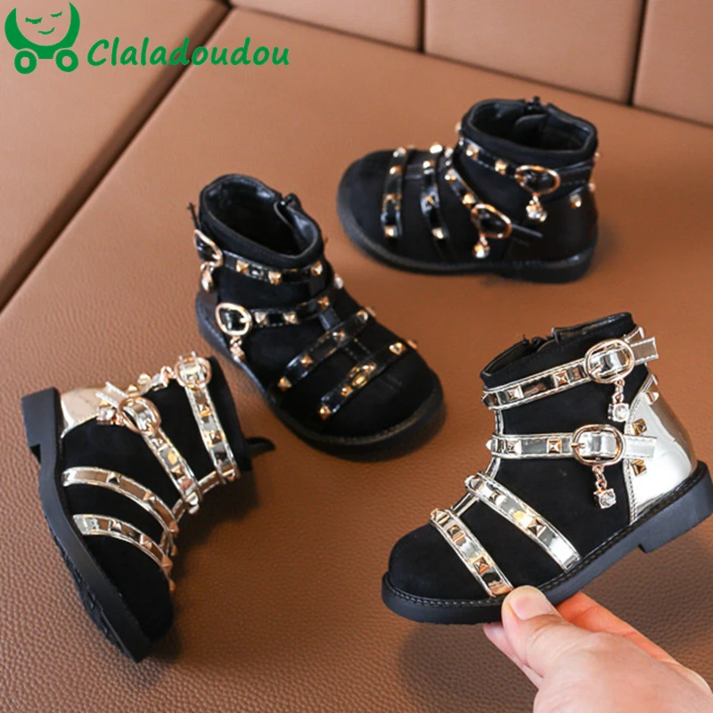 

Claladoudou 13.5-15.5cm Brand Girls Fashion Winter Boots Black Gold Bling bling Rivets Cool Toddler Girls Ankle Boots Warm Flats