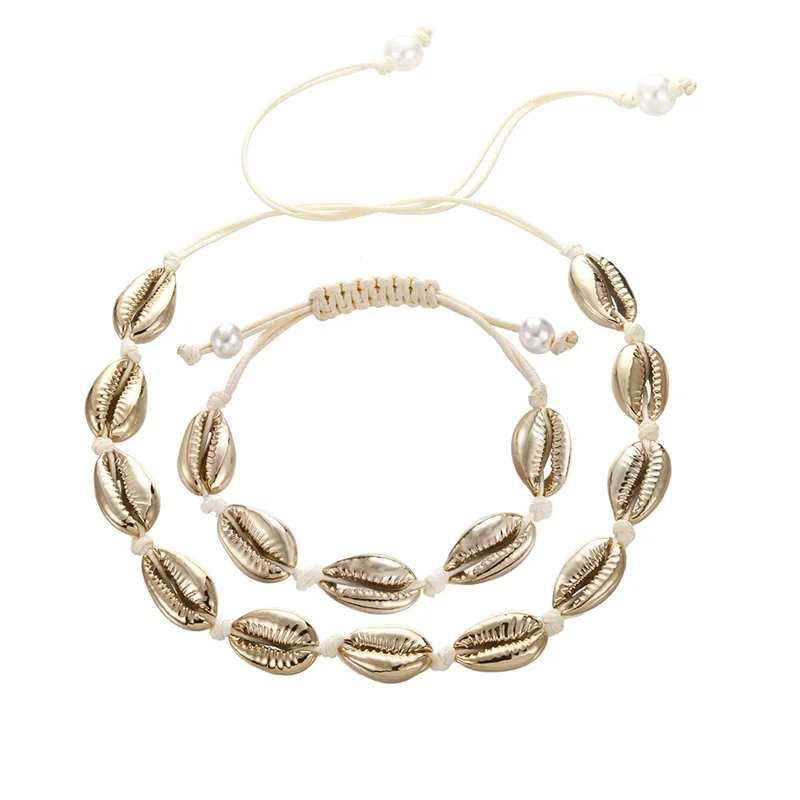 Черная веревка цепочка Puka Shell ожерелье браслет Набор Boho Seashell Каури воротник колье женщины Гавайские летние пляжные ювелирные изделия подарок для девочки - Окраска металла: Gold White