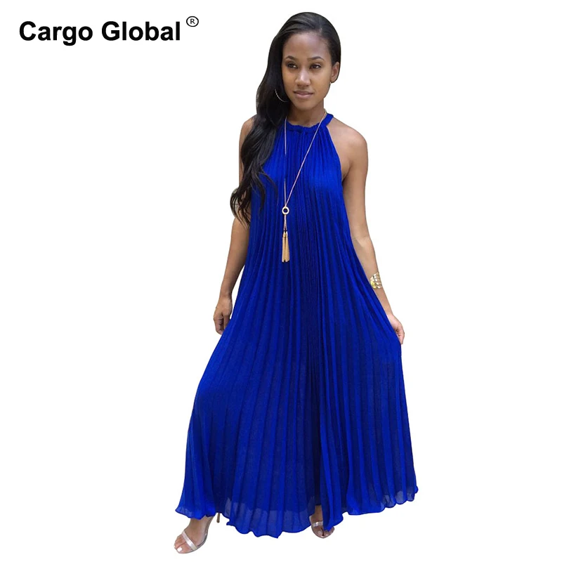 

White Maxi Dress Women 2019 Sexy Off Shoulder Sundress Party Elegant Summer Loose Fashion Solid Halter Blue Pleated Long Dresses