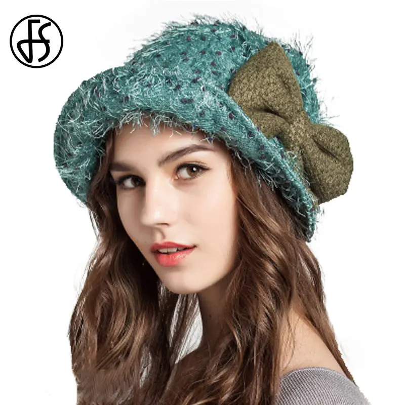 Женская шерстяная Панама FS складывающаяся шапка с бантом синего оранжевого или