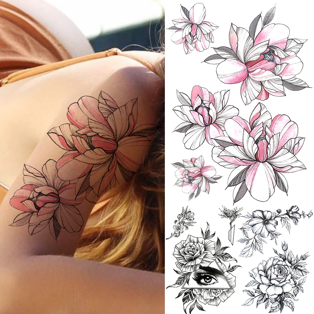 Pink Lotus Flower Temporary Tattoos For Women Adults Black Triangle Eye  Rose Tattoo Sticker Fake Anemone Orchid Tatoos Thigh - Temporary Tattoos -  AliExpress