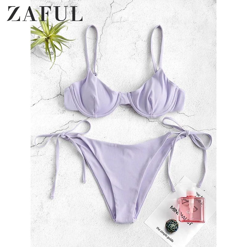 ZAFUL спортивные однотонные стринги бикини набор Холтер пуш ап с завязками