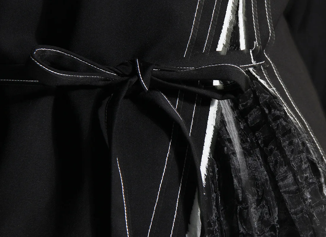 women Trench Coat Mesh Patchwork Irregular Standing Collar Long Coats dropshipping Asymmetry Color Matching Overcoat B327