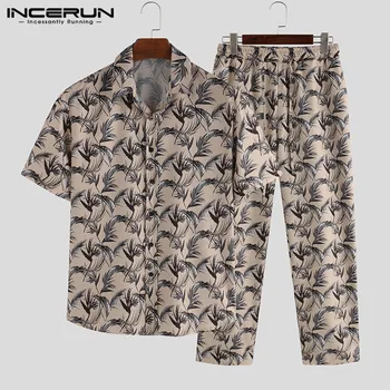 

INCERUN Men Pajamas Sets Printing Homewear Leisure Short Sleeve Tops Loose Pants Fashion Sleepwear Suit Men Nightgown Sets S-5XL