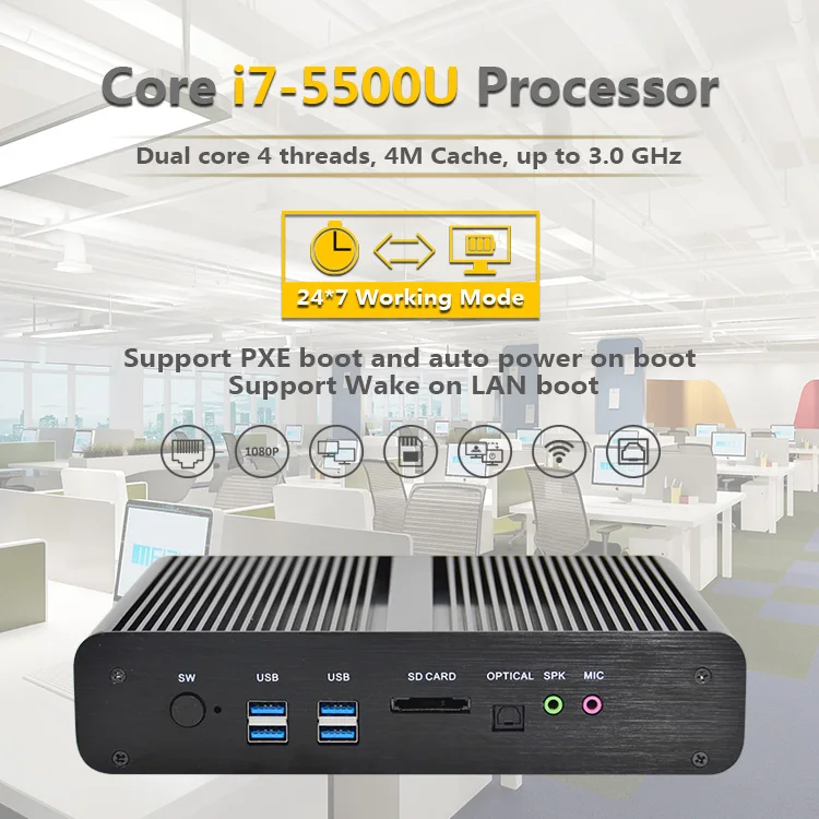 Безвентиляторный мини-ПК Intel 5-го поколения i7 с широким процессором NUC с 4K HTPC 8GB ram 256GB SSD 2HDMI 2LAN Wi-Fi Windows 10pro